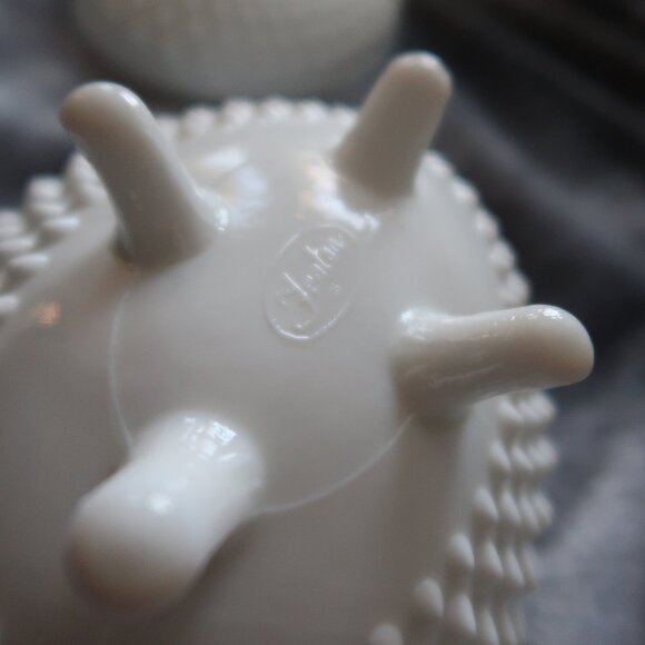 Vintage Fenton Marked Milk Glass Hobnail Textured Oval Lidded Candy Bowl - Picture 8 of 16